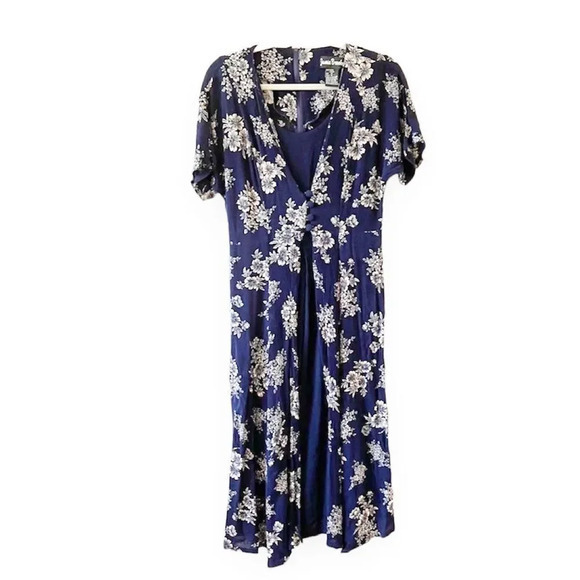 Jamie Brooke Dress Rayon Crinkle‎ Vintage 90s Navy Floral Midi Size Medium 1990s - Picture 1 of 9